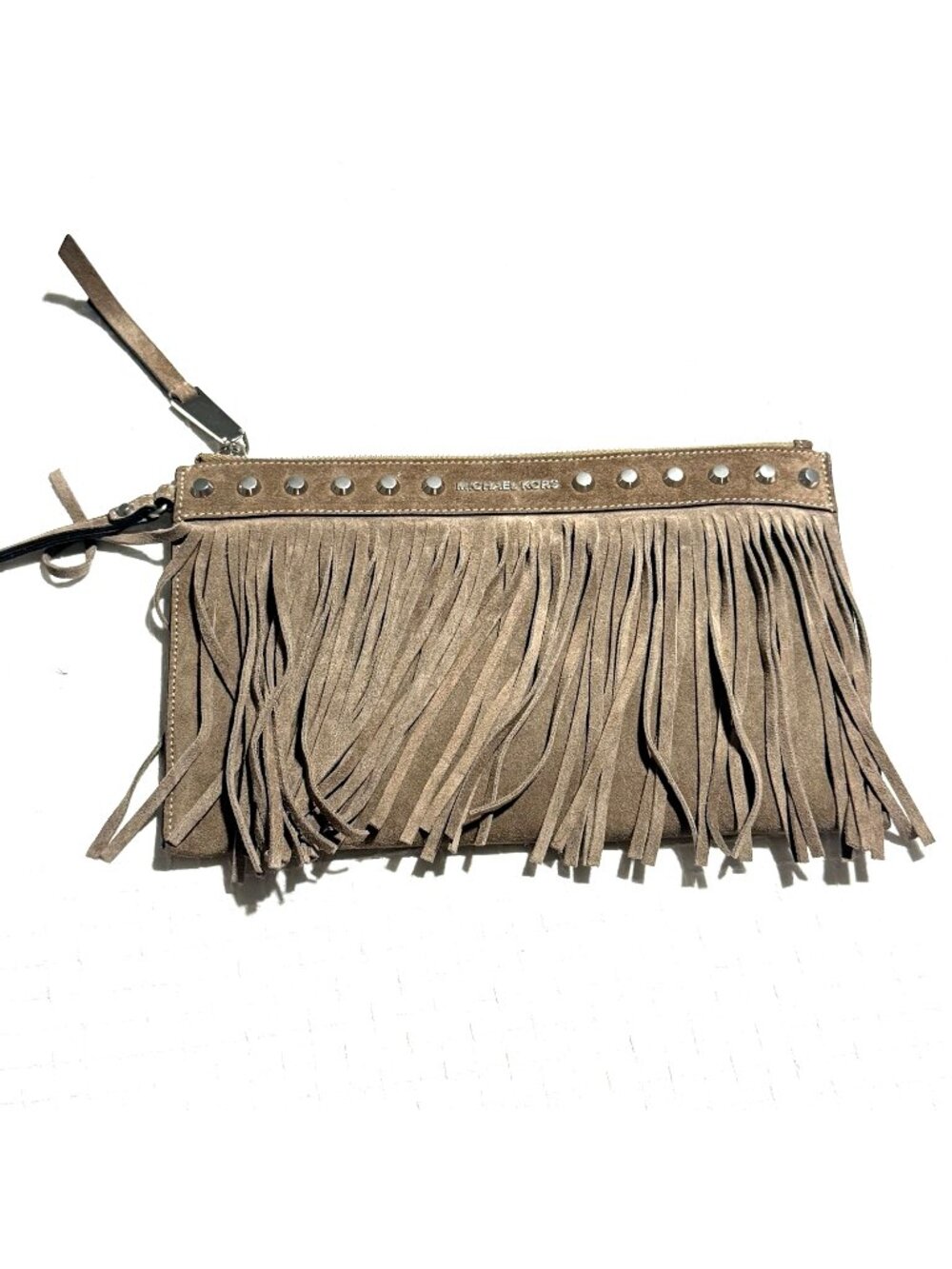 Michael Kors Beige Suede Fringe Clutch Zip Close Wrist Strap Billy New